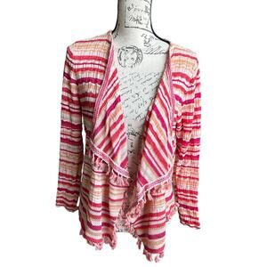 Chico's Pink Orange White Wave Striped Open Cardigan Tassels 1P Medium Petite